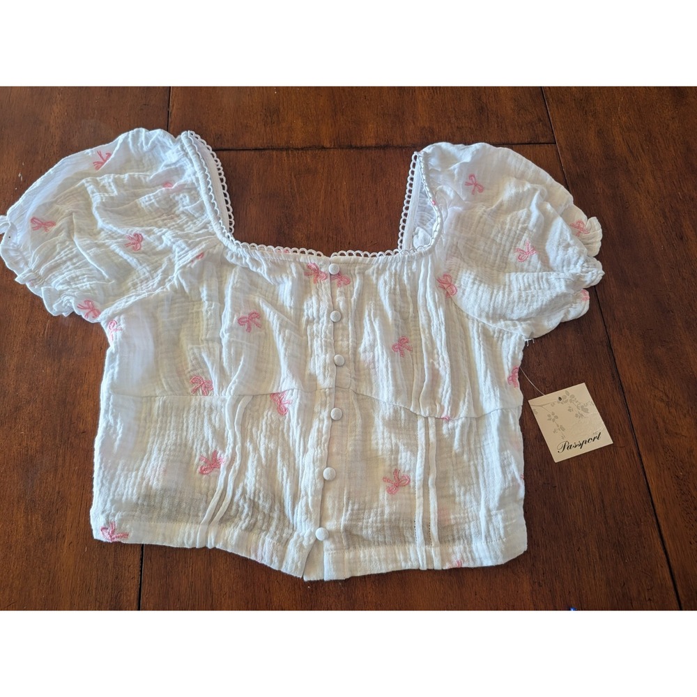 Passport Babydoll Crop Top Womens L White Puffy Sleeve Embroidered Pink Bows NEW